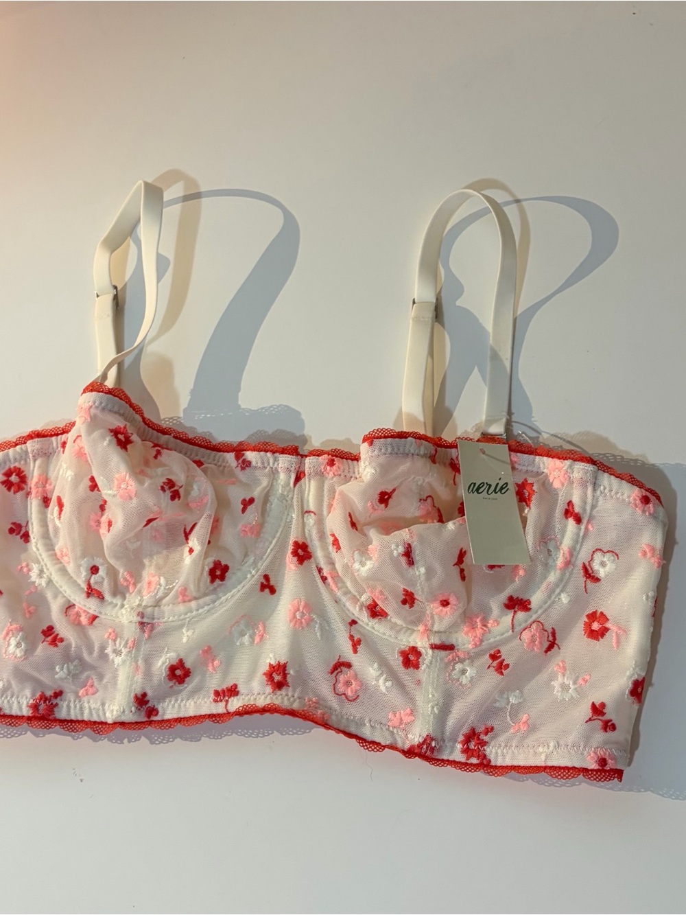 aerie White Bra with Pink & Red Floral Embroidery